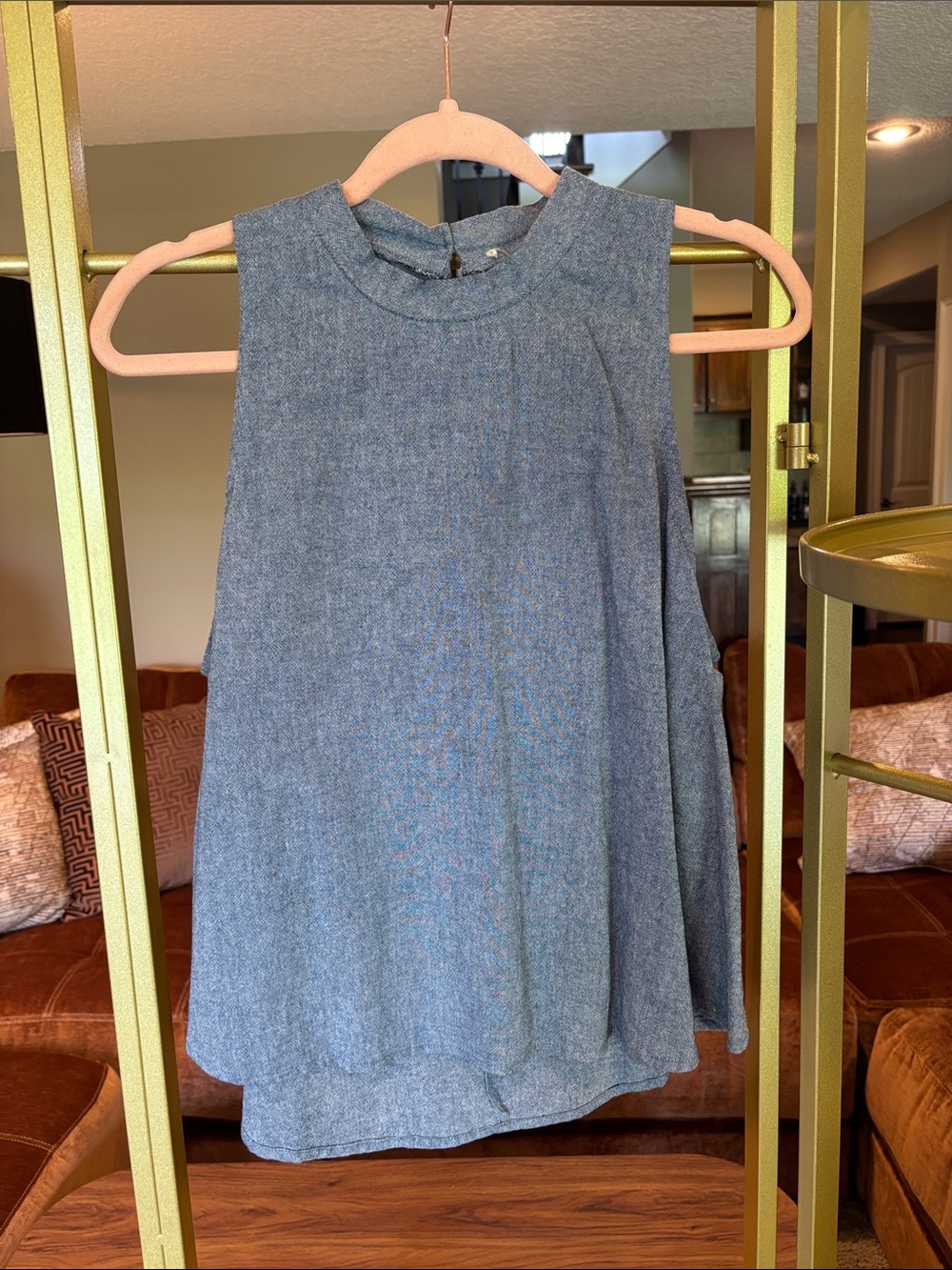 Sleeveless Heathered Blue High-Neck Blouse